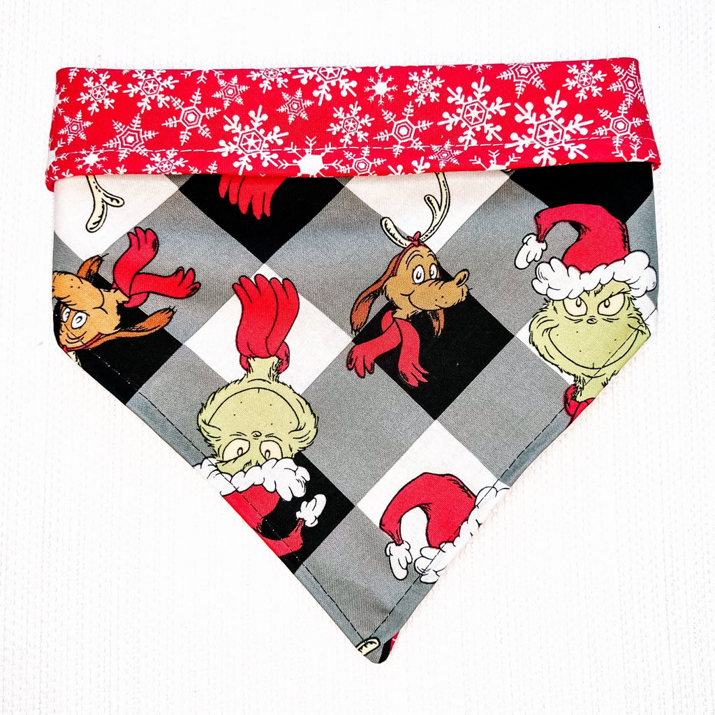 Plaid Grinch / Snowflake Bandana - Reversible - Jersey Border Collars