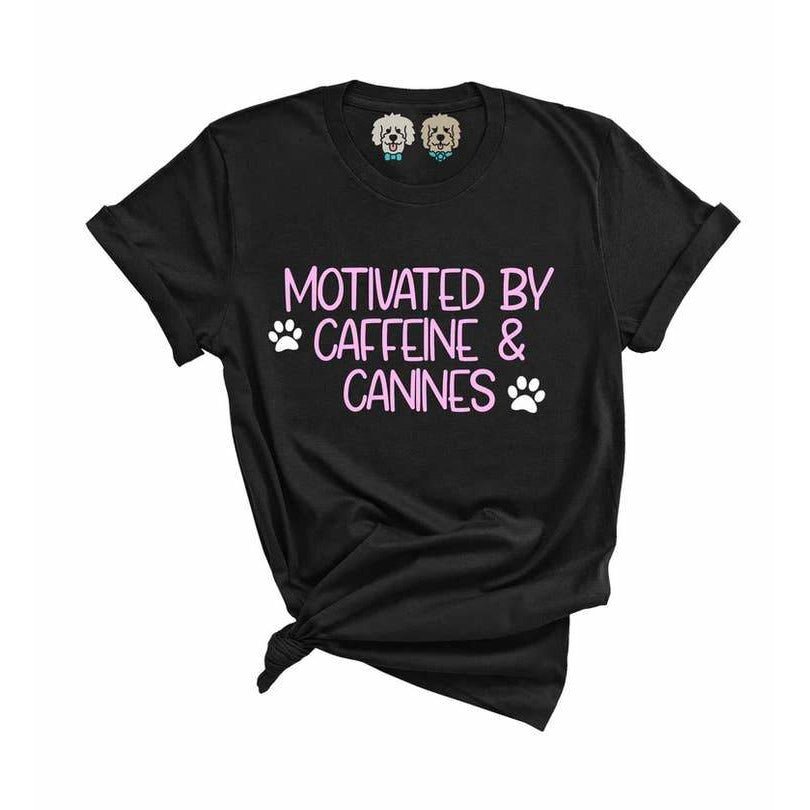 Motivated by caffine and canines - black tshirt - Jersey Border Collars