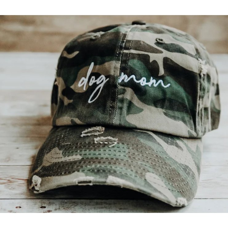 Dog Mom Distressed Baseball Hat Adjustable Metal Closure - Camo - Jersey Border Collars