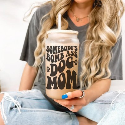 Somebody's Bomb Ass Dog Mom Frosted Coffee Glass with Bamboo Lid - Jersey Border Collars