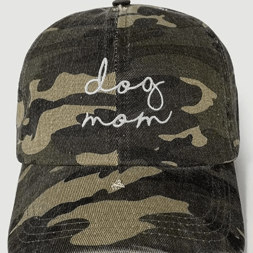 Dog Mom Distressed Baseball Hat Adjustable Metal Closure - Camo - Jersey Border Collars