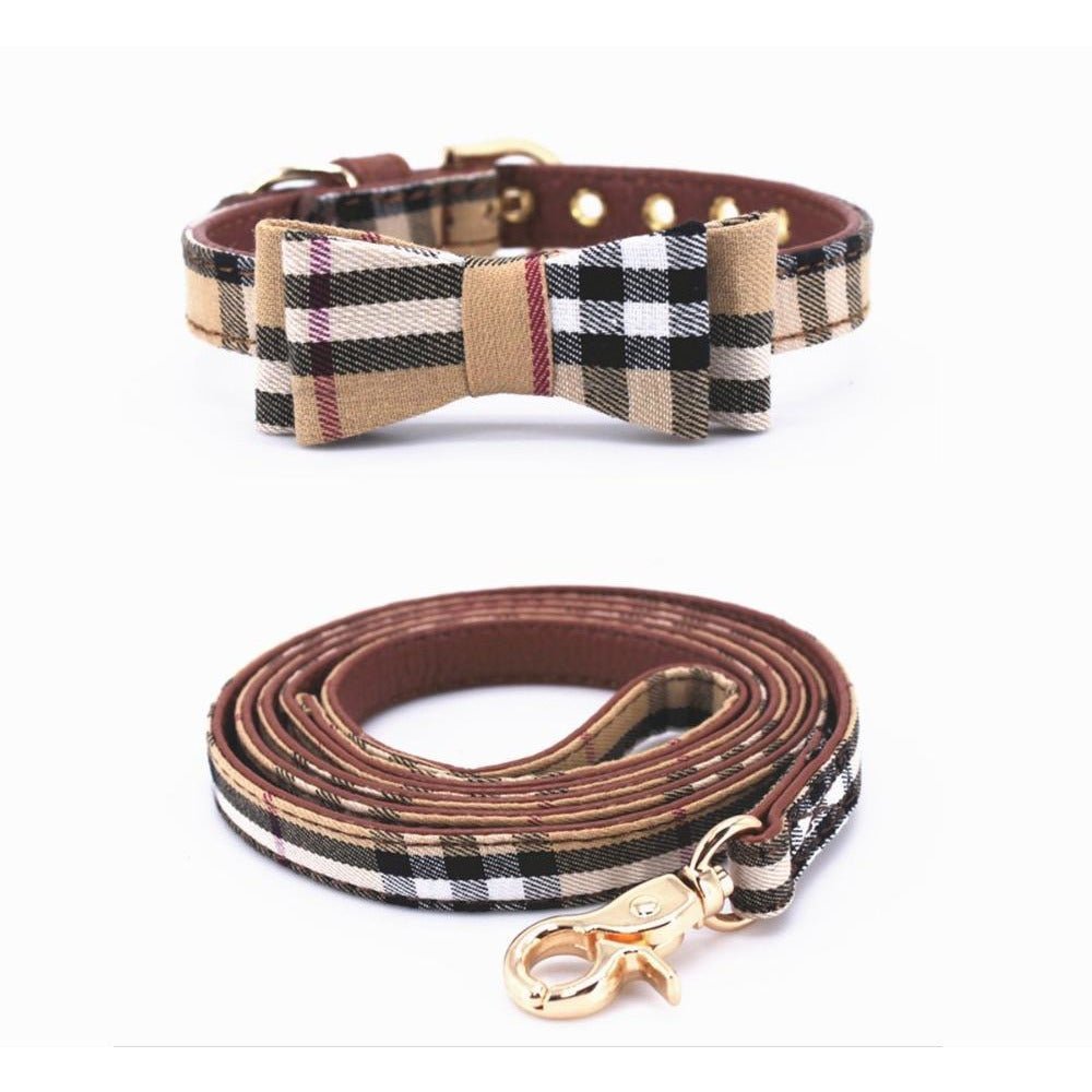 Plaid Bow Tie Dog Collar / Leash Set - Jersey Border Collars