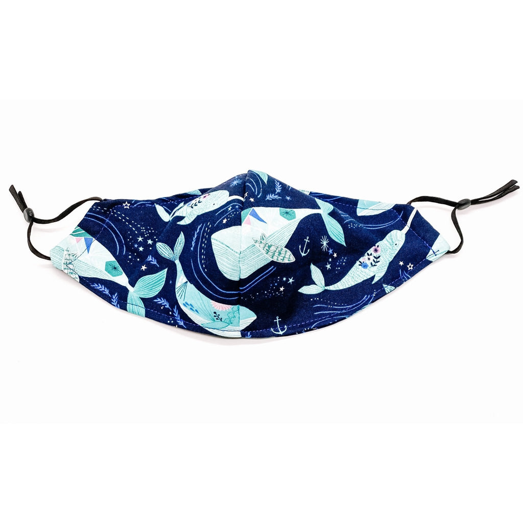 Blue Whale / Narwhal Face Mask w Adjustable Straps - Jersey Border Collars