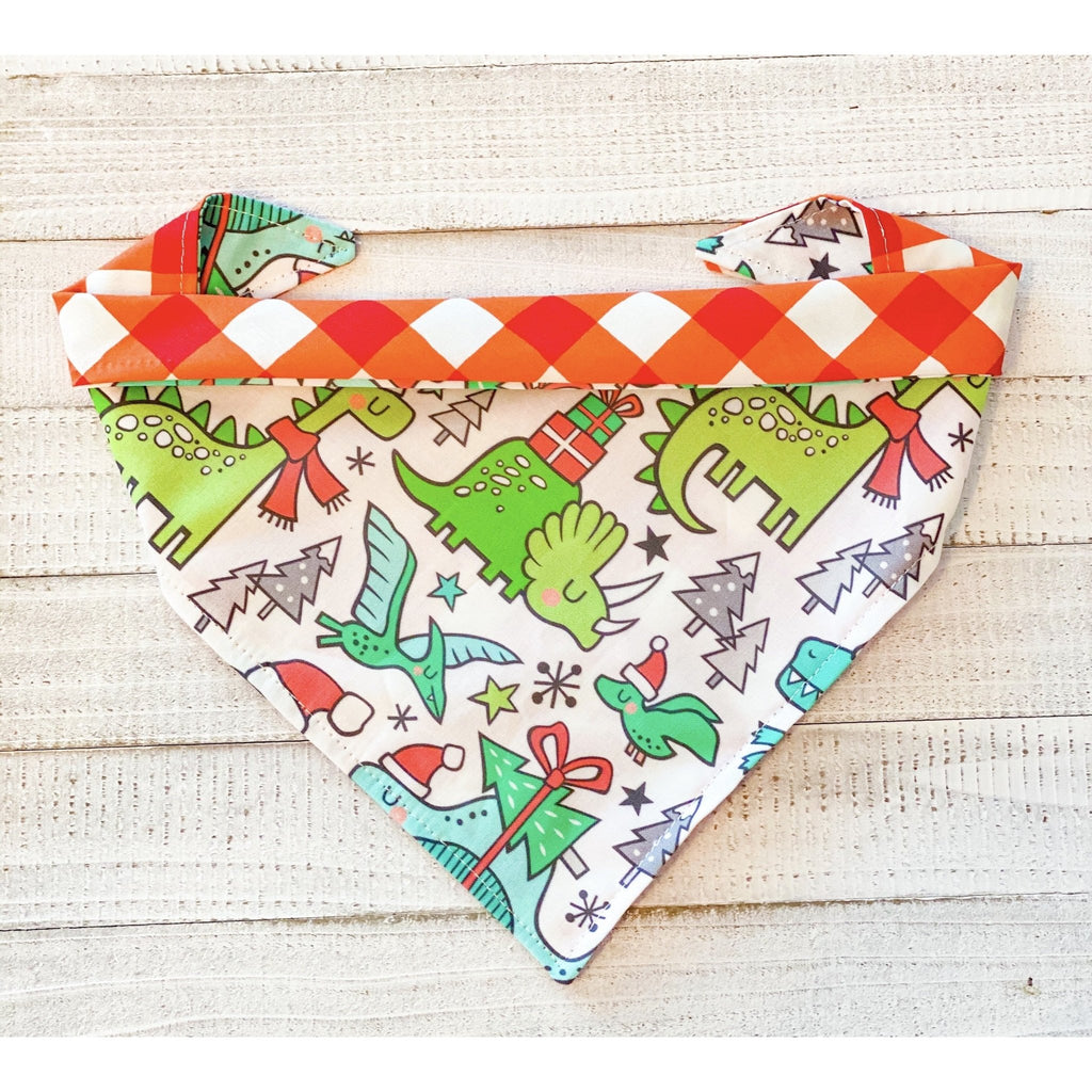 Dinosaur XMAS / Red Plaid Bandana - Reversible - Jersey Border Collars