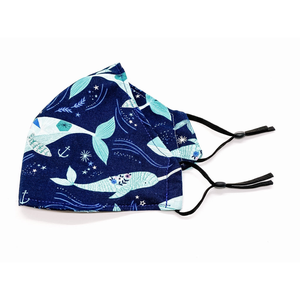 Blue Whale / Narwhal Face Mask w Adjustable Straps - Jersey Border Collars