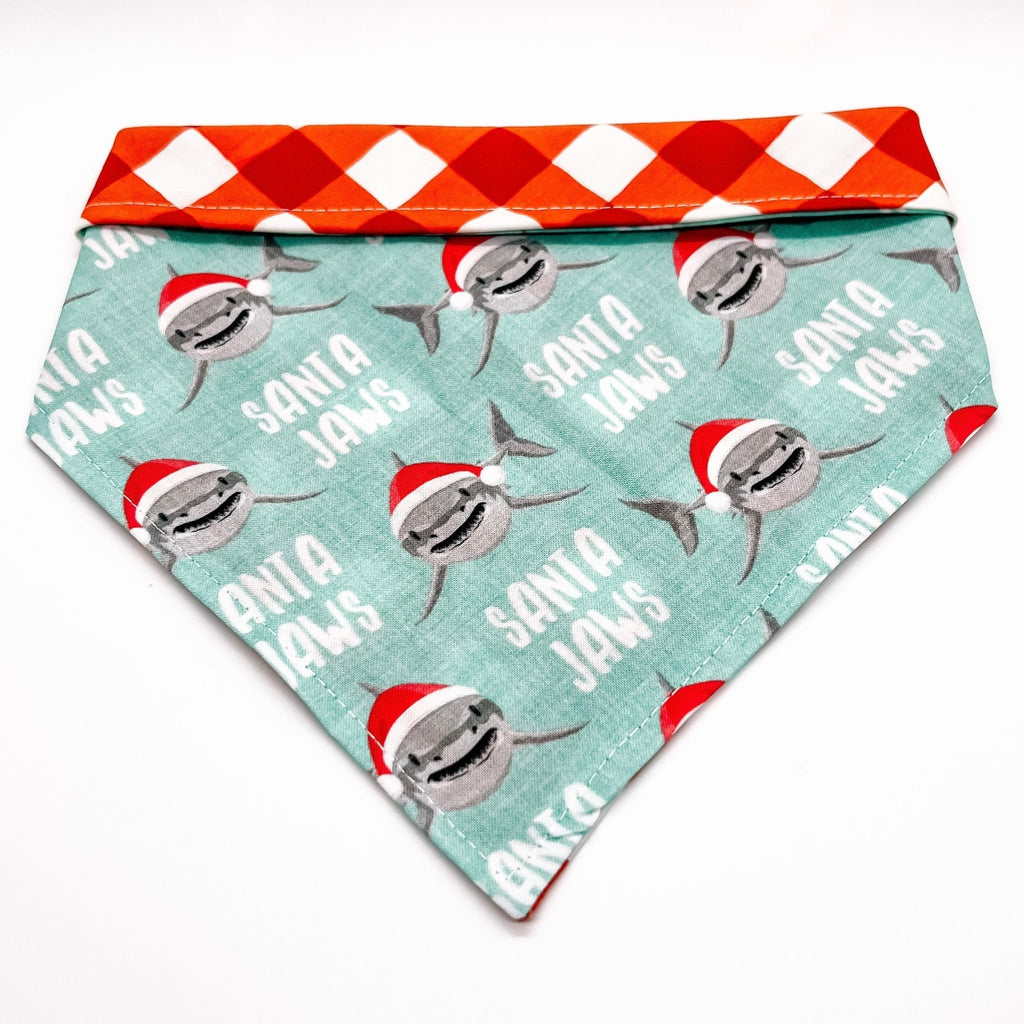 Santa Jaws / Red Plaid Bandana - Reversible - Jersey Border Collars